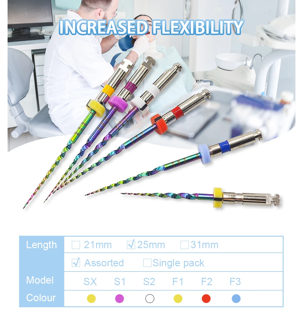 Rainbow Series 6 Stück/Box SX-F3 blaue Feilen wärmeaktivierte NiTi-Kanalwurzelfeilen können endodontische Behandlung rotierende Feile 25 mm biegen – Detail 2