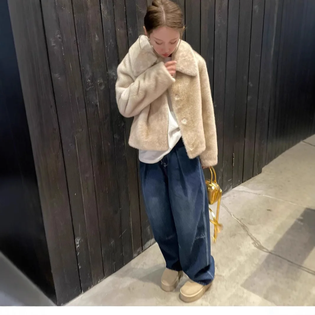 Short Coat Women Faux Fur Coats Thick Warm Turn Down Collar Y2k Streetwear Elegant Overcoat Jackets Open Stitch Autumn Winter