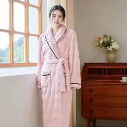 2023 New In Autumn Winter Long-sleeved Dressing Gown Women's Diamond Checkered Jacquard Fleece Warm Bathrobe Homewear Set