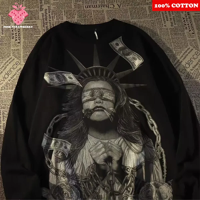 

American Statue of Liberty Print T-shirt Men Autumn 2025 New 100%Cotton oversize Long sleeves T-shirt Casual Y2k Top Men clothes