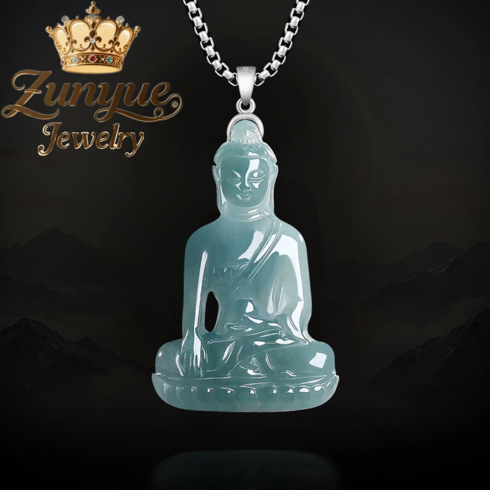 Genuine Natural Grade A Jadeite Pendant Icy Blue Water uddha Carving Necklace Polished Jewelry Fashion Daily Wear Ornament Gift