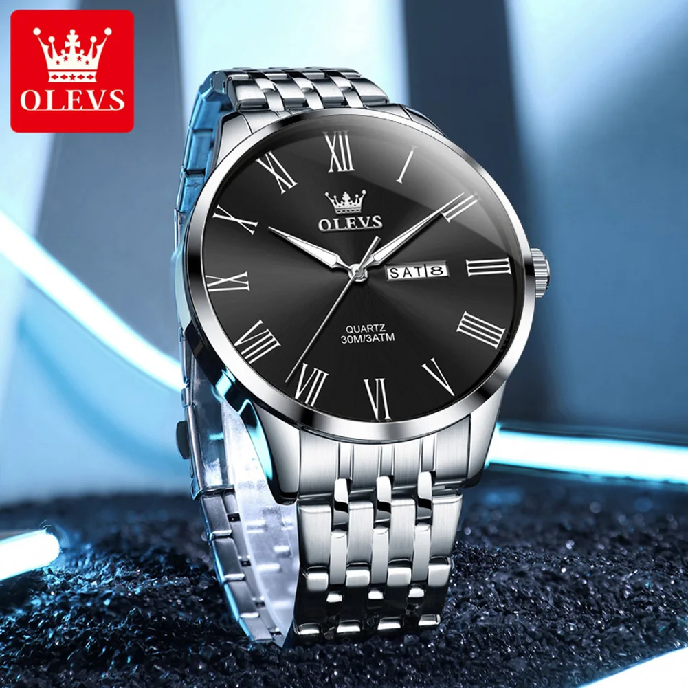 OLEVS New Original Brand Men\'s Watches Waterproof Weekly Calendar Stainless steel Quartz Wristwatch Roman Scale Watch for Man