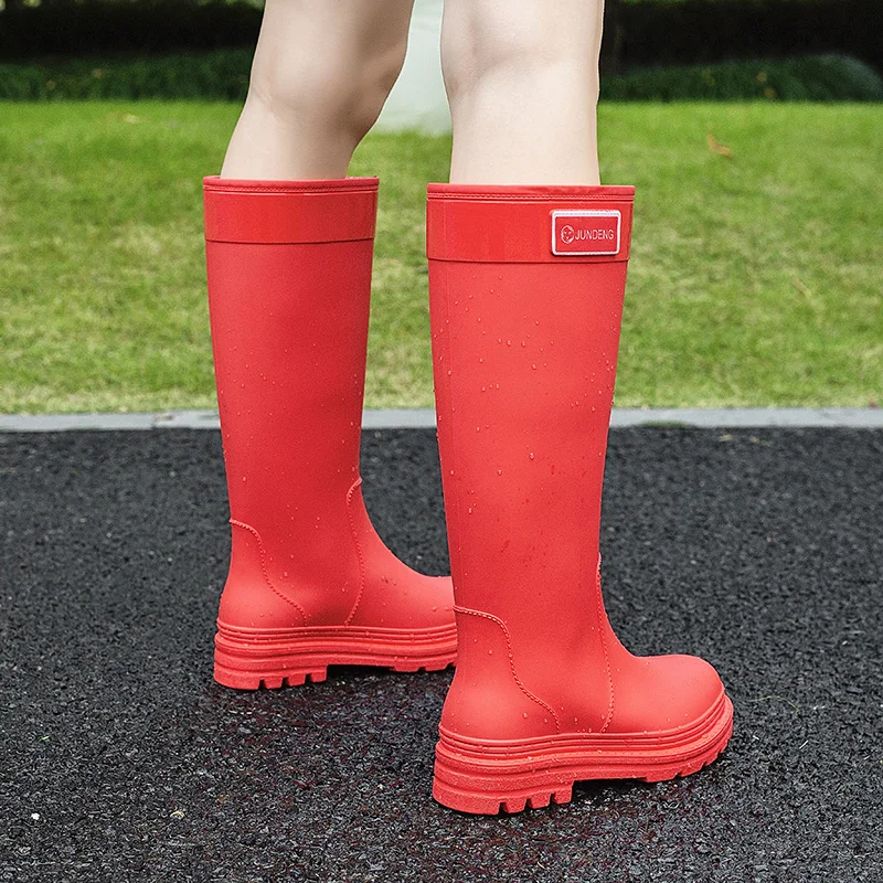 2026 New Women's Rain Boots High-Tube Waterproof Travel Photography Red Long Tube Outdoor Hiking Boots Slip-On PVC Material