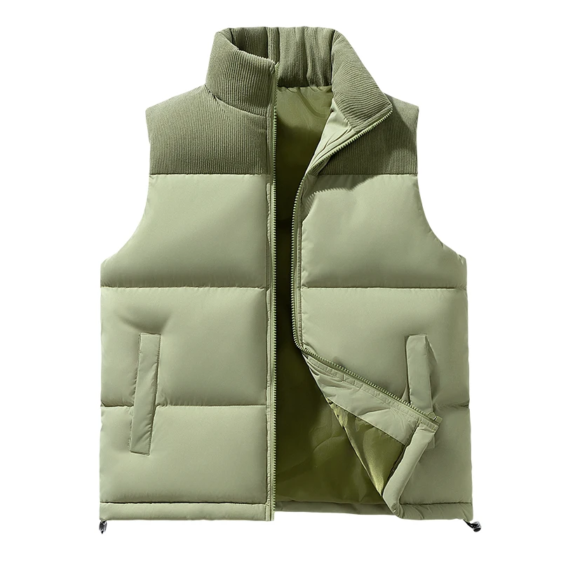 Men Splice Collar Padded Sleeveless Vest Zip‑Up Drawstring Hem Warm Loose Winter Casual Waistcoat Gilet Outerwear