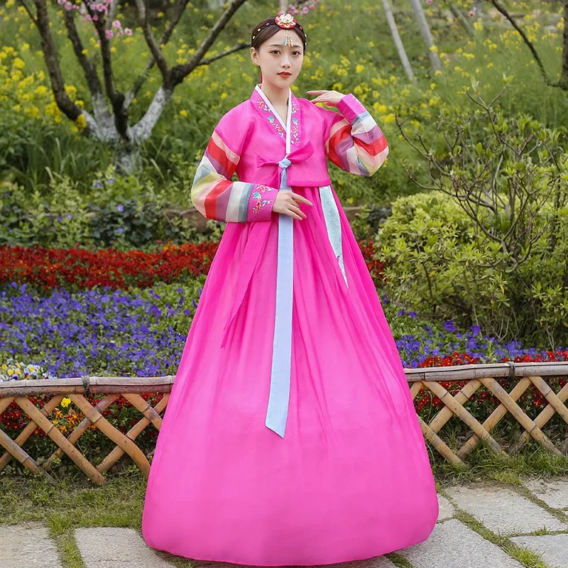 Pink Korean Traditional Women Palace Embroidered Wedding Party Dancewear Hanbok Set Folk Costume Dance Stage Performing Dress