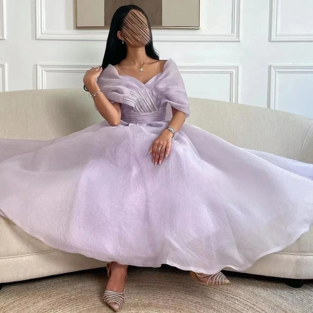 Classy Short Shiny Purple Off the Shoulder Beaded Organza Prom Dresses Short Sleeves A Line Tea Length فساتين حفلة موسيقية