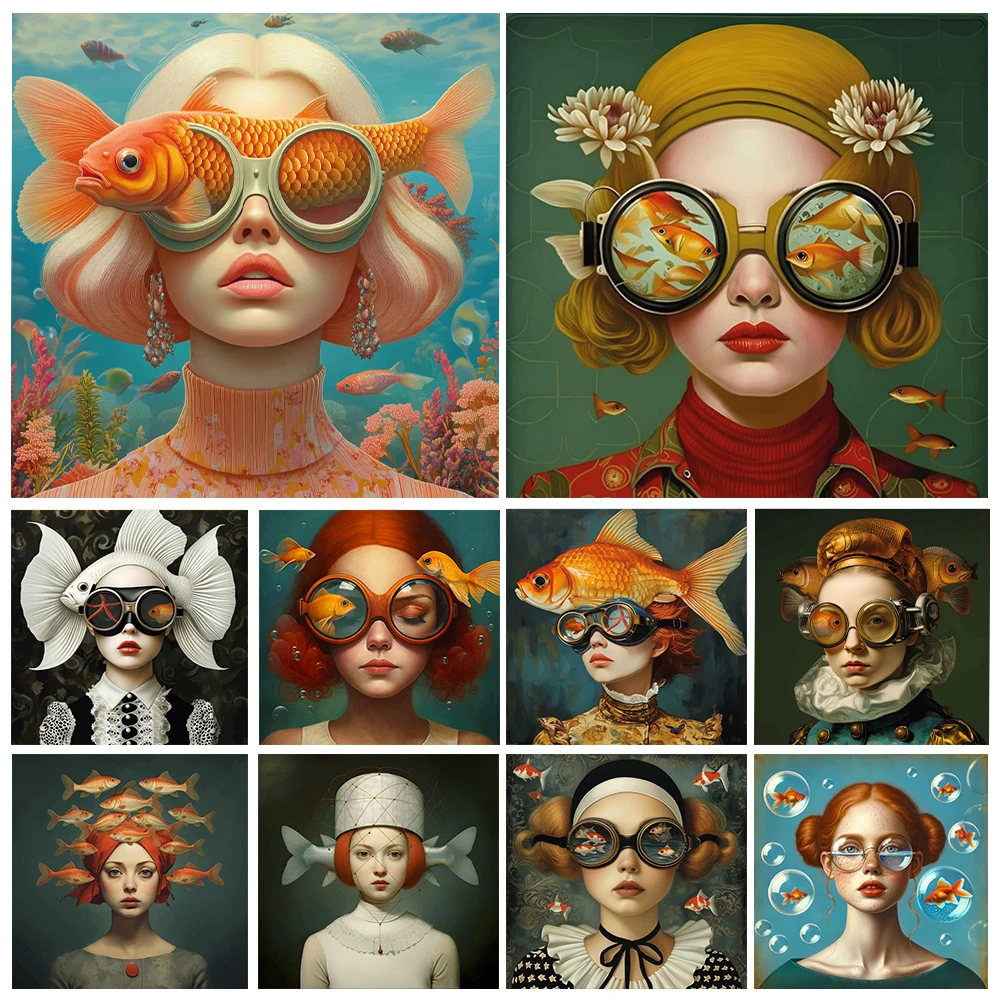 Beautiful Woman with Glasses Flower Canvas Painting Modern Wall Art Woman Character Posters and Prints Living Room Home Decor