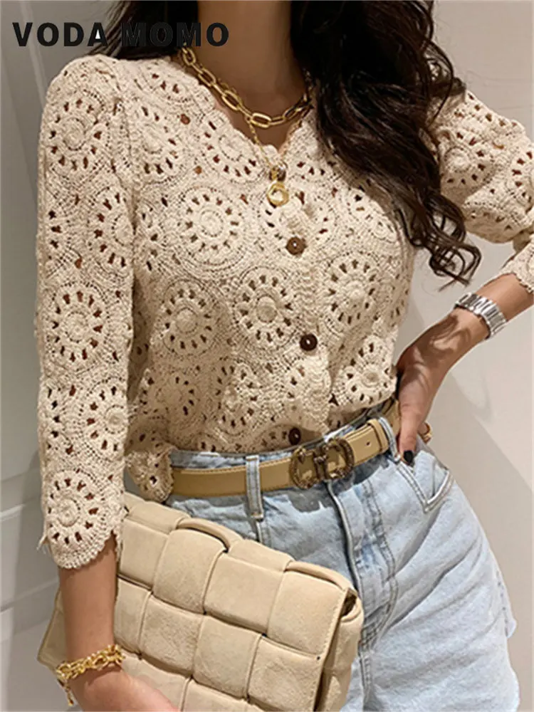 Frühling Neue Spitze Süße Koreanische Dame Chic Blusen Süße Tops Aushöhlen Volle Hülsen Haken Blumen Stilvolle Strickjacken Vintage Frauen