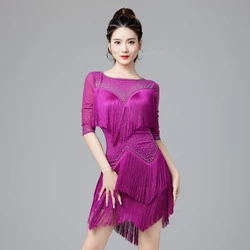 Sheer Mesh Women Dance Clothes Competition Ballroom Dress Samba Costume Party Dresses Stretchy One-piece Fringes Latin Dress