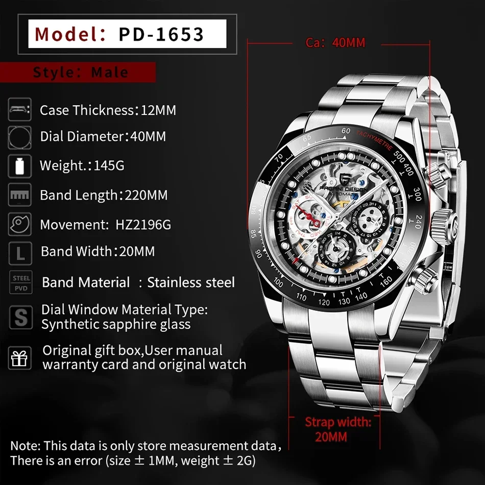 PAGANI DESIGN Original New 40MM Men Mechanical Watch Skeleton Sapphire Glass Stainless Steel 100M Water Resistance Mens Watchs