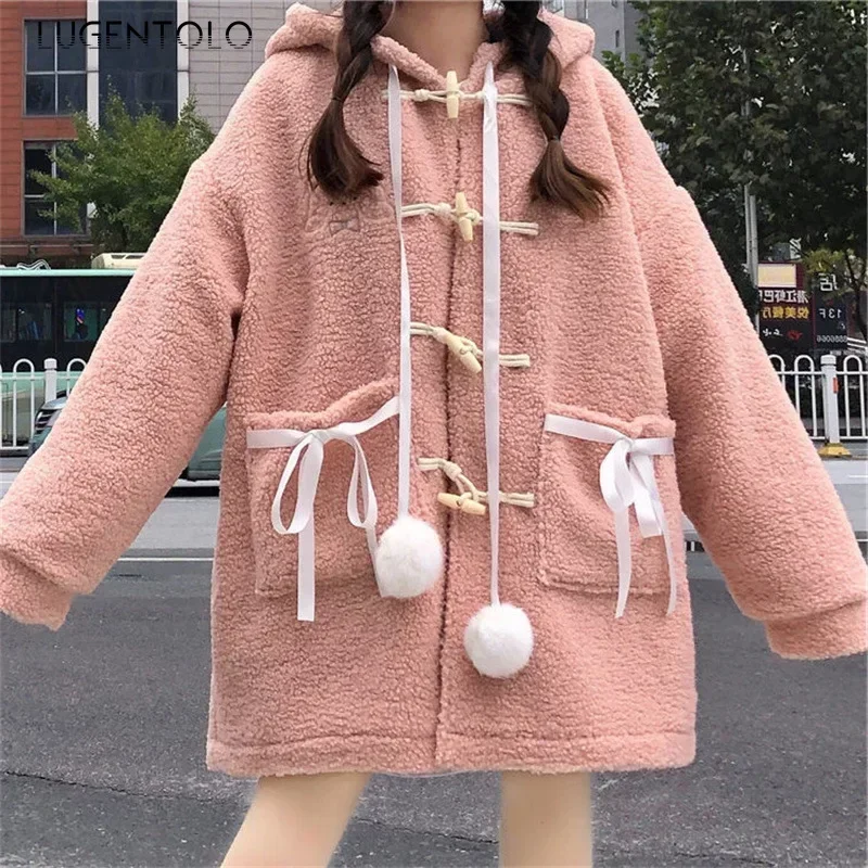 Women Cute Hooded Sweatshirts Japanese Bear Embroidery Autumn Winter Plush Bow Loose New Comfort Coat Clothing Lugentolo