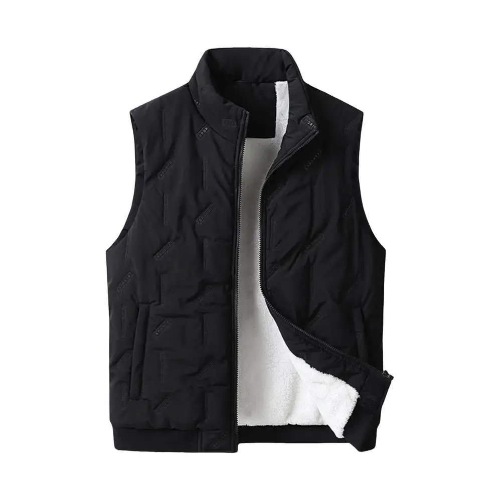 Winter Vest Velvet Vest Coat Men's Stand Collar Vest with Zipper Placket Pockets Solid Color Waistcoat with Thickened for Men