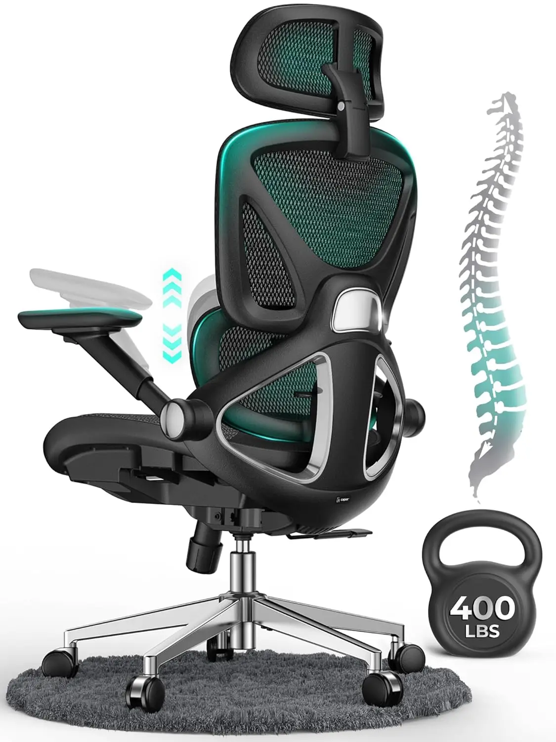 Ergonomic Mesh Office Chair, Adjustable Lumbar High Back Desk Chair 400lbs, 4D Flip-up Arms, 3 Tilt Backrest, 3D Headrest