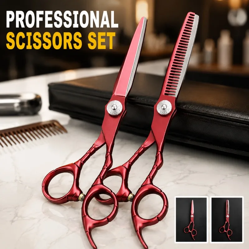Professional 6 inch Stainless Steel Hair Cutting Scissors Set with Thinning Shears, Red Barber Razor Scissors for Salon Use