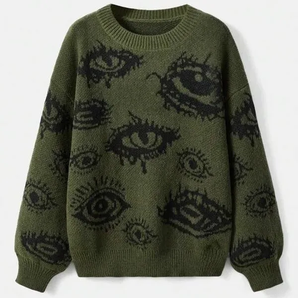 

Autumn New Retro Eye Pattern Round Neck Men's Hoodie Pullover Winter Fashion Knitted Loose Sweater Sweatshirt Streetwear Men Y2k