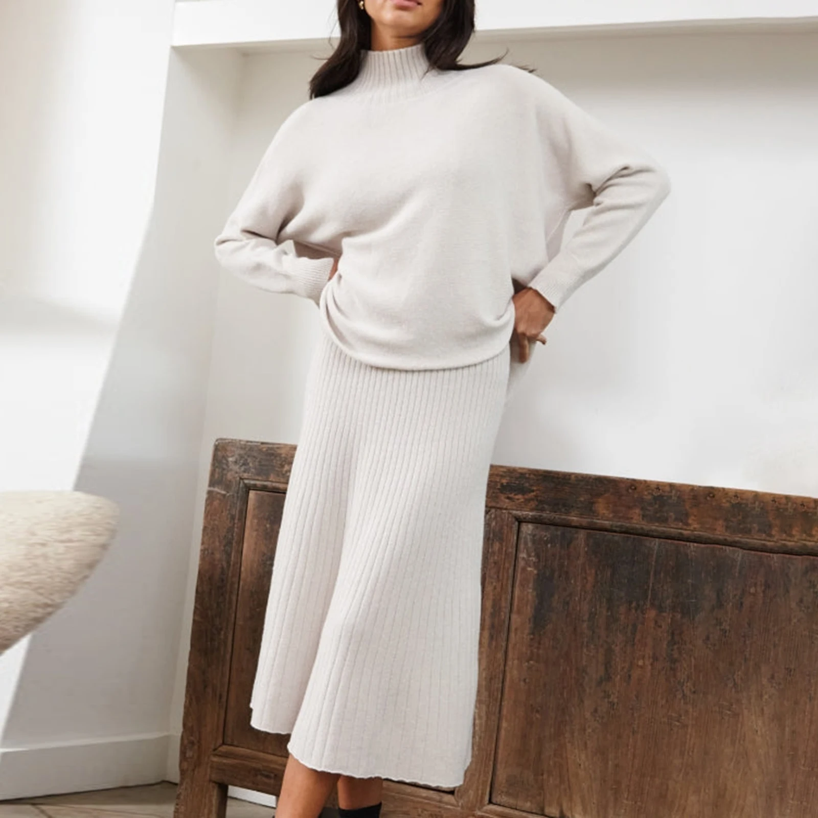 Women Relaxed Fit Soft and Warm Sweater Sets Comfortable Stretch Ribbed Viscose Knit Turtleneck Sweater and Midi Skirt 2PCS