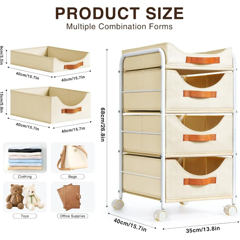 Clothes Drawer 4 Tier - Fabric Closet Drawer System Easy Pull, Portable Closet Drawers for Clothes with Wheels