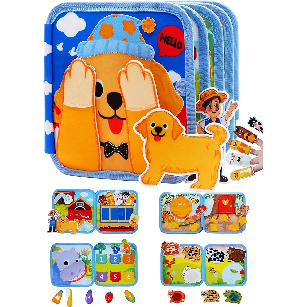 Toddler Washable Felt Busy Book Montessori Toys Busy Board Dog Quiet Book Travel Aessential Learning Activity Board Gift