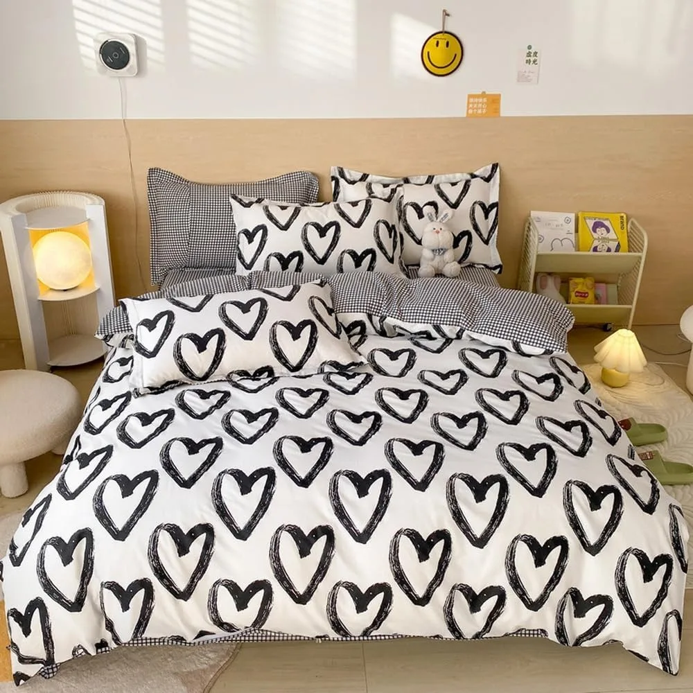 

Bedding Comforter Sets Cotton Women Girls Heart Shaped Bed Quilts Brush Ink Love Pattern Quilts Adults, Bed Sheet