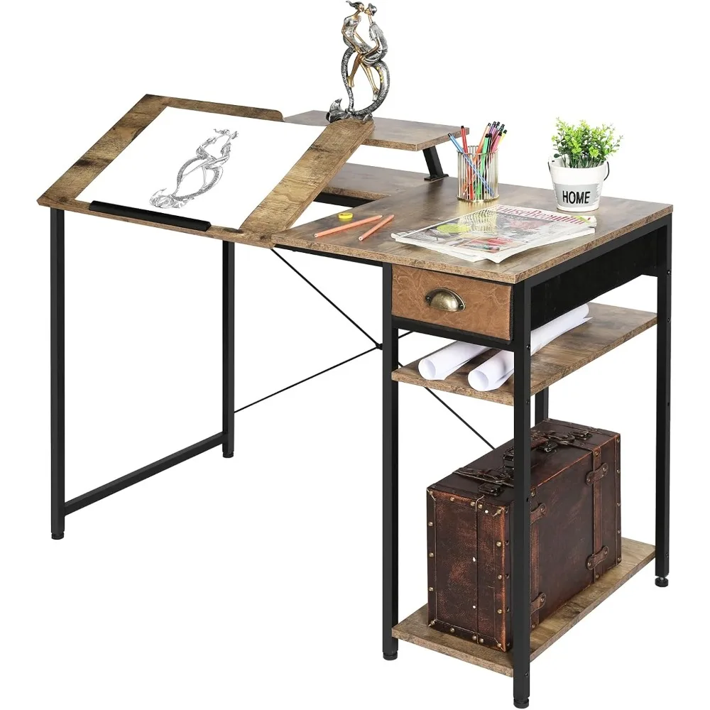 

X-cosrack Drafting Table with Storage Shelves & Drawer, 43" Adjustable Art Desk with Monitor Stand for Home Office Computer, Til