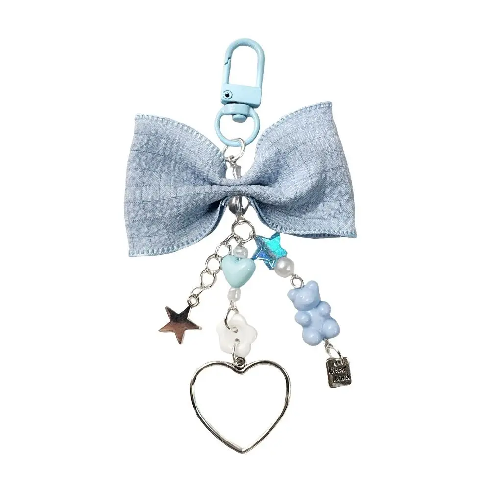 Fashion Wrinkled Bow Design Pearl Heart Little Bear Love weet Pearl Tassel Keyrings Heart Pendant Keyring Key Holder