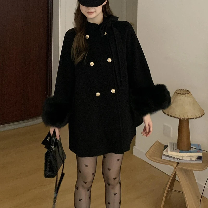 

Real Fox Fur Sleeve Double-sided Cashmere Women Winter Wool Coat Loose Causal Bow Cloak Woolen Coats for Women Solid Jackets
