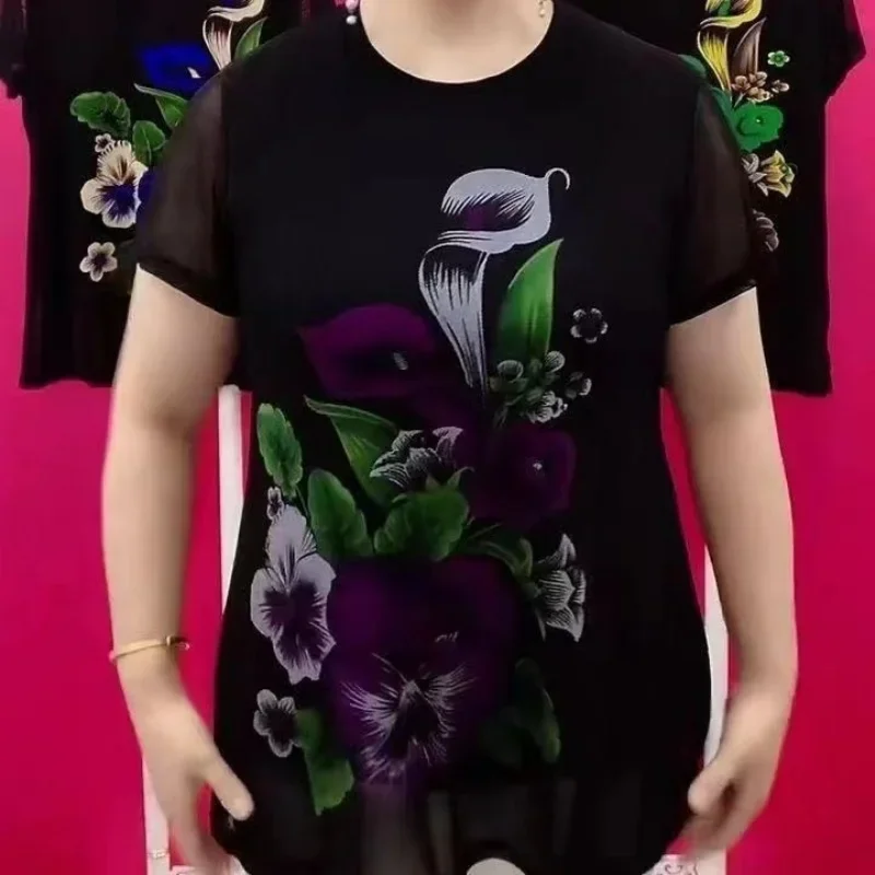 Summer Fashion 3D Print T-shirt Middle-aged Elderly Women's Round Neck Casual Versatile Loose Short Sleeve Tops