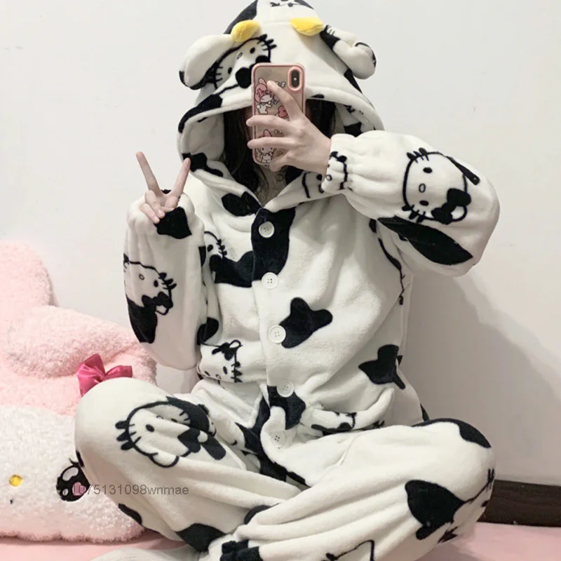 Sanrio Hello Kitty Furry Cotton Pajamas Sets for Women, Cute Plush Pajamas, Thickened Casual Household Suit, Winter, New, 2 Pcs