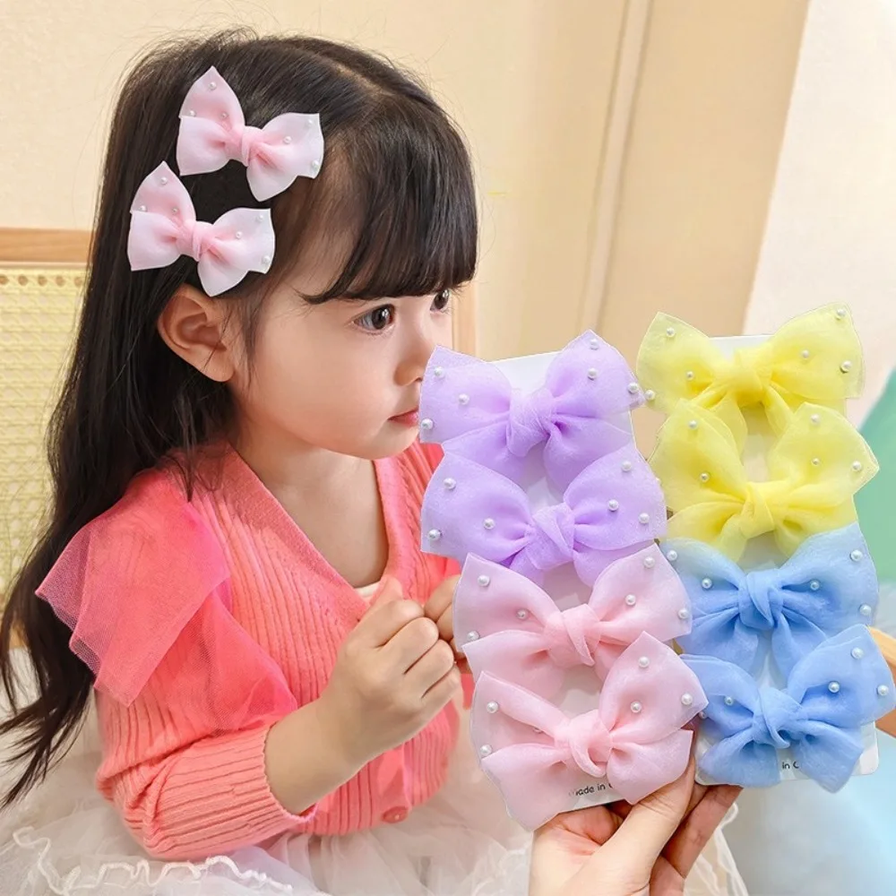 

2Pcs/Set Pearl Bows Hair Clips Cute Sweet Girls Side Clip Solid Color Hairpin Handmade with Bow Hair Accessories Headdress Gifts