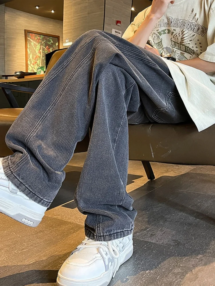 

Мужские летние тонкие новые модные свободные широкие брюки в стиле High Street, ретро-джинсы, повседневные свободные брюки с высокой талией, прямые штанины