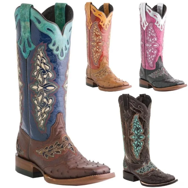 

Western Cowboy Patchwork Sewing Floral Boots For Women Embrodier Leather Retro Female Riding Knee High Boots