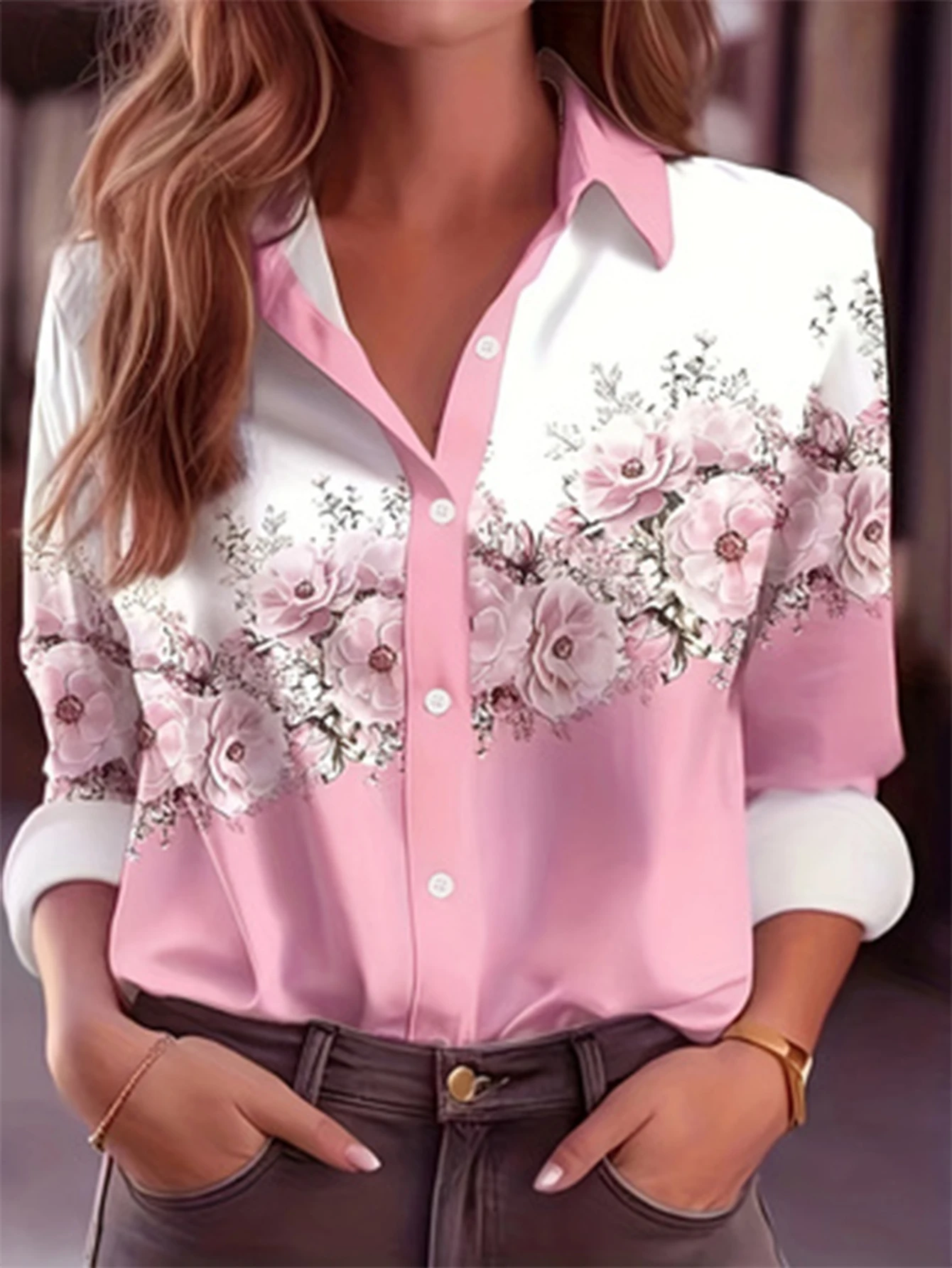 

2025 Plus Size European And American Spring And Autumn Aomen's Color-Block Printed Long-Sleeved Lapel Button Shirt