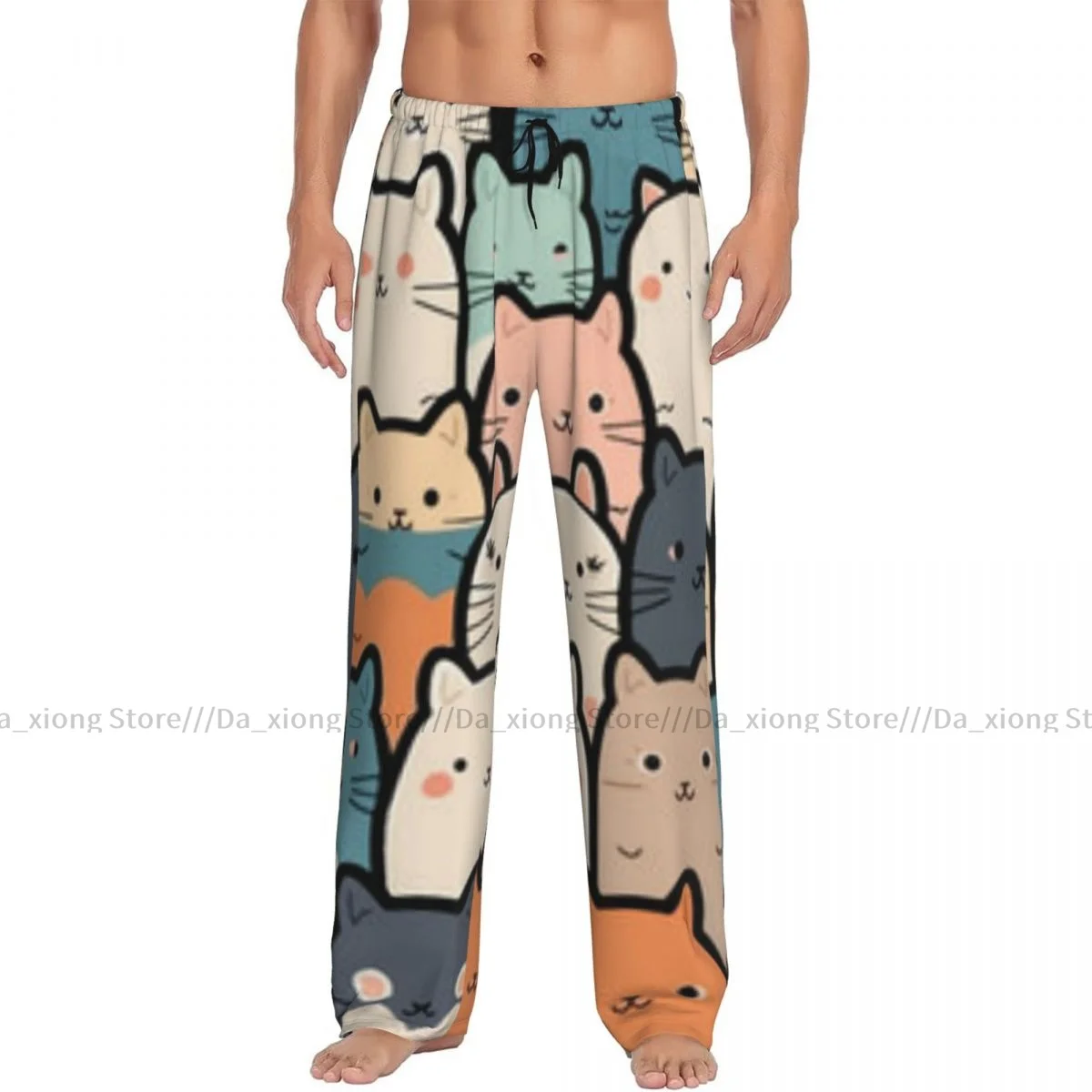 Mens Casual Pajama Long Pant Loose Elastic Waistband Cartoon Cat Pattern Cozy Sleepwear Home Lounge Pants