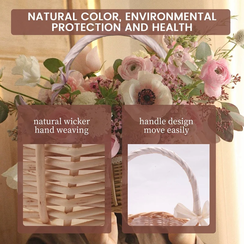 سلة زهور منسوجة من الخوص، مع مقبض وشريط أبيض، سلال فتاة زهور الزفاف، لتزيين حديقة المنزل (S)