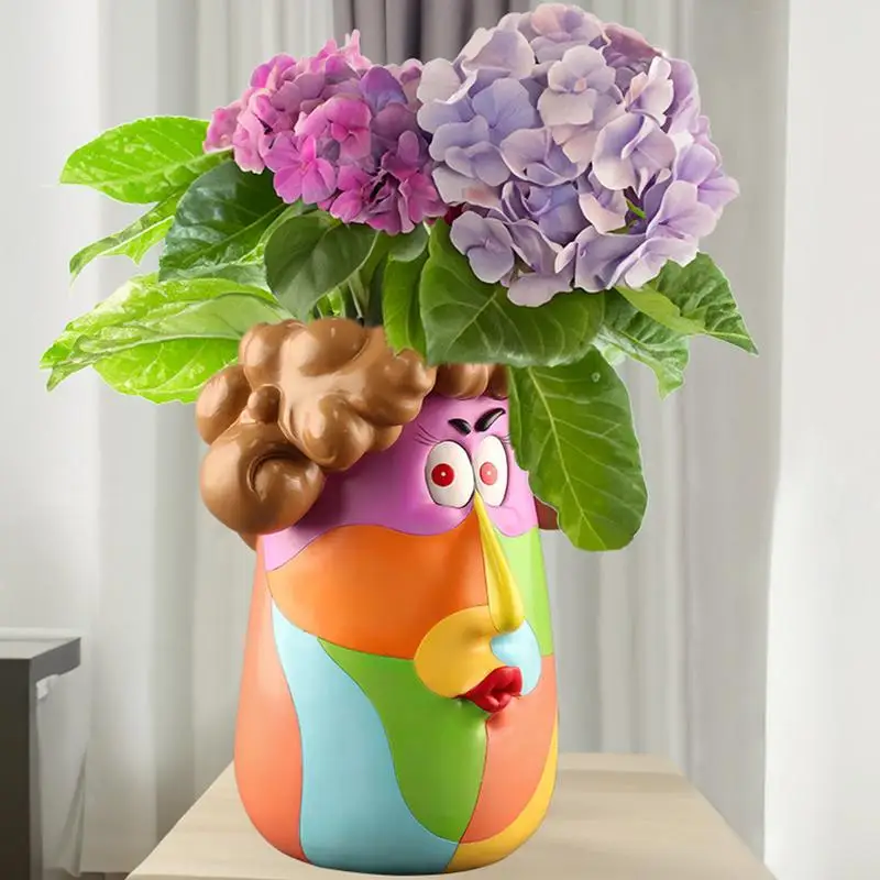 

Face Plant Pot With Drainage Hole Abstract Colorful Cartoon Curly Rainbow Head Lady Flower Pot Female Art Vase Garden Decoration