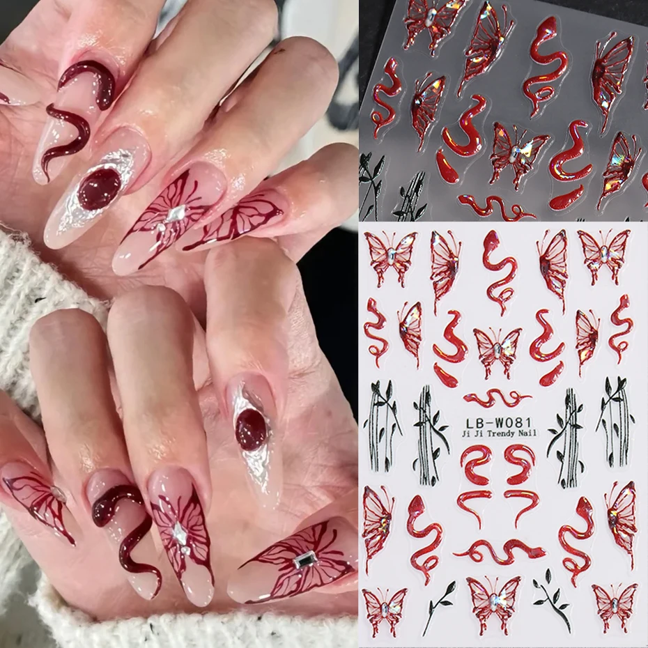 3D Laser Rode Vlinder Slang Nagels Art Stickers 2025 Nieuwjaar Retro Cool Girl Ontwerp Vlinders Slangen Manicure Decals # LB-W081