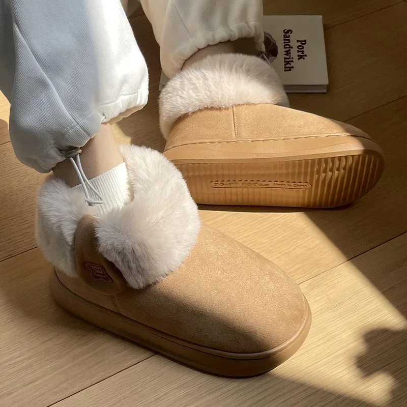 Pantofola soffice da casa da donna invernale calda peluche antiscivolo palla di pelo coperta piatta sfocata scarpe da pane femminili comode stivali