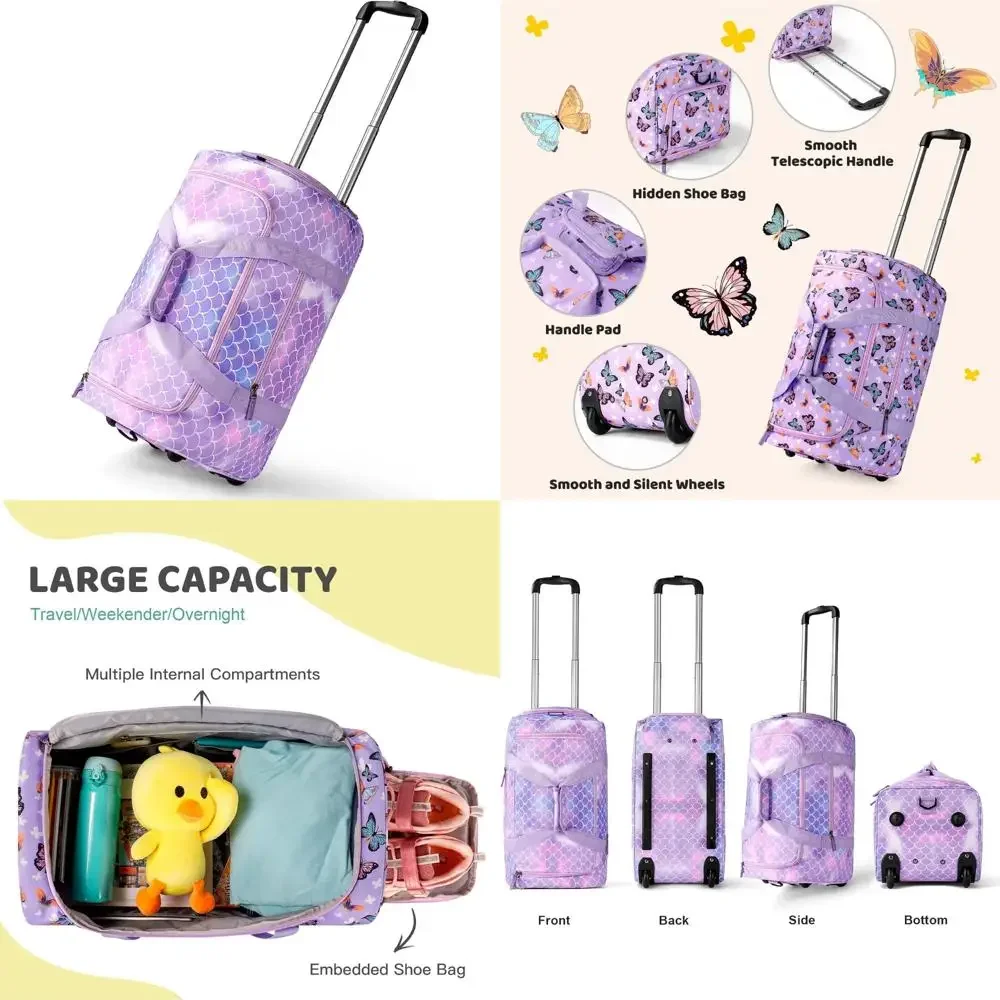 

Purple Mermaid Suitcase with Wheels for Kids, Camping, and Travel - Toddler to Teen Girls Luggage Bag