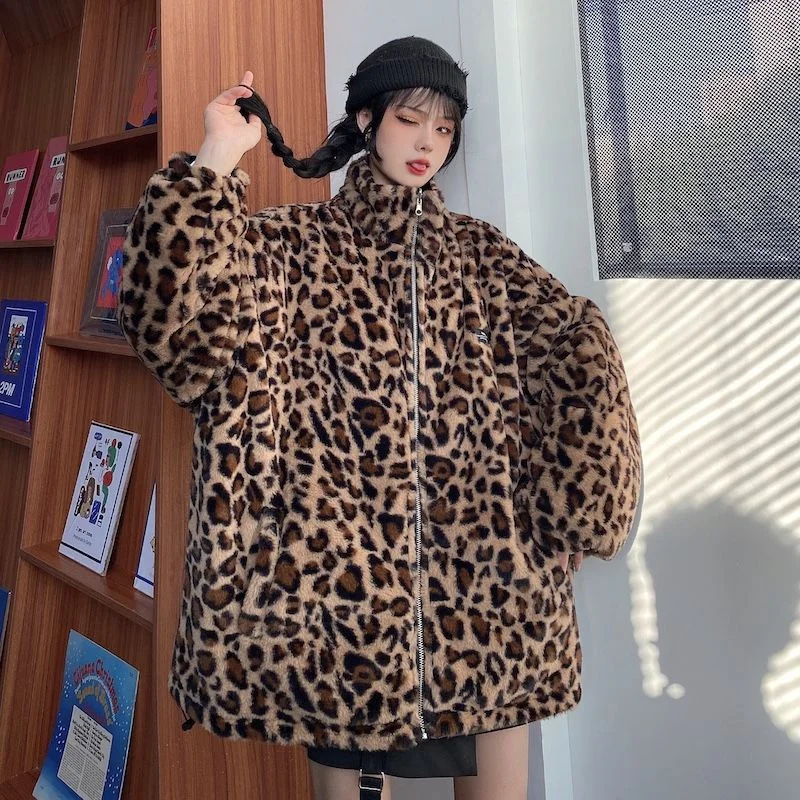 Abrigo de algodón con estampado de leopardo de doble cara para mujer, abrigo grueso de felpa, abrigo Vintage de cuero para estudiantes, moda 2023