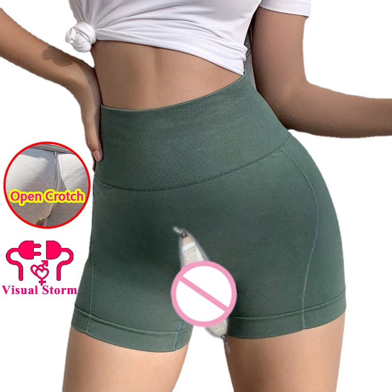 Pantalones cortos de gimnasio con entrepierna abierta para mujer, mallas elásticas con cremallera, Sexy, Push Up, al aire libre, bragas eróticas