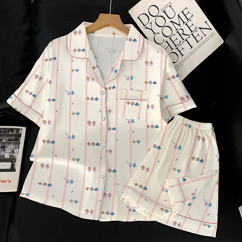 

Summer Ms. New Striped Cartoon Moe Fun Ins Ice Silk Pajamas Girls Summer Korean Short-Sleeved Set of Casual Fashion Home Wear