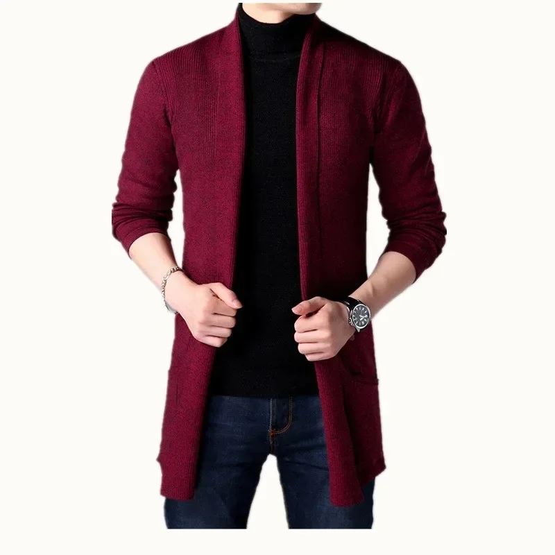 Cardigan lungo da uomo alla moda coreana Primavera Autunno Maglioni da uomo casual quotidiani Maglione lavorato a maglia kaki con tasca Semplice vestibilità slim