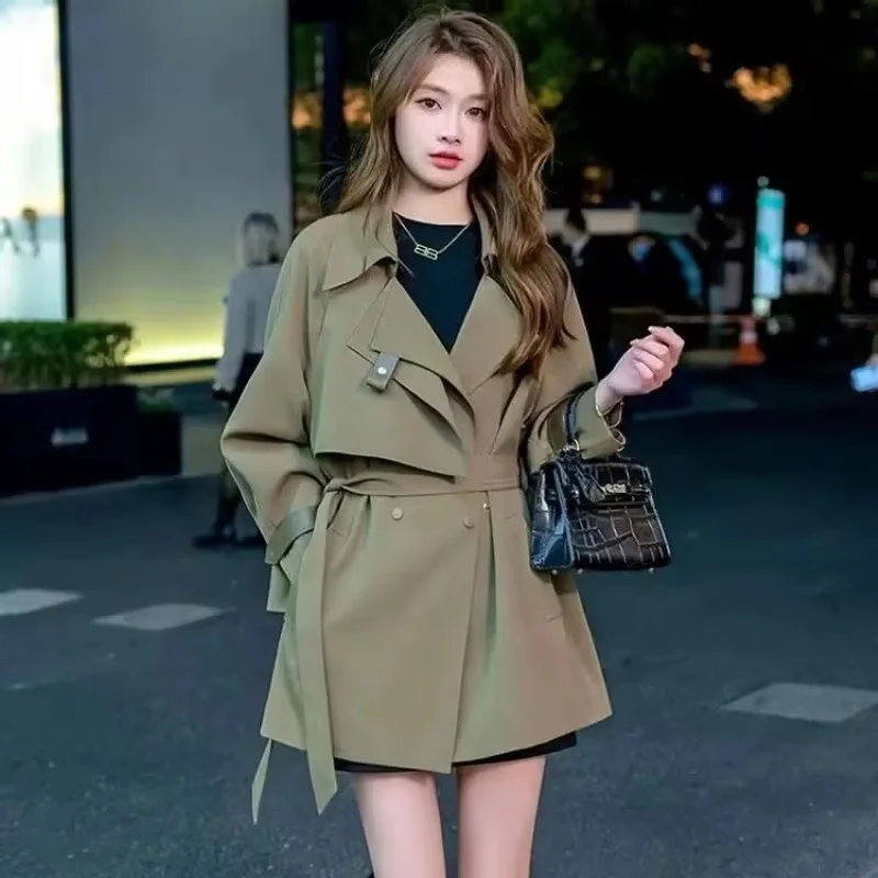 Korean Women Medium Long Styles Lined Top High-end Lady Fashion Windbreaker Coat Autumn Female Trench Jacket