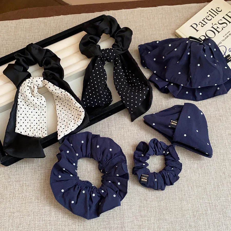 Navy Blue Black Dot Print Hair Scrunchies for WomenTrendy Pleated Lace Hair Ties Stylish Daily Fabric Bow Hair Accessories New M