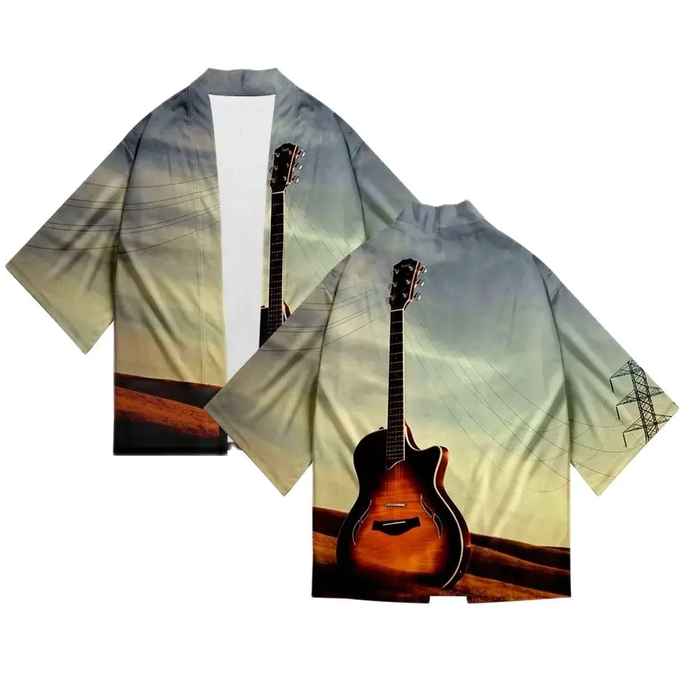 

Summer Kimono Cosplay Music Guitar Print Haori Streetwear Samurai Kimono Men Japanese Fashion New Yukata Cardigan Robe Hot Sale