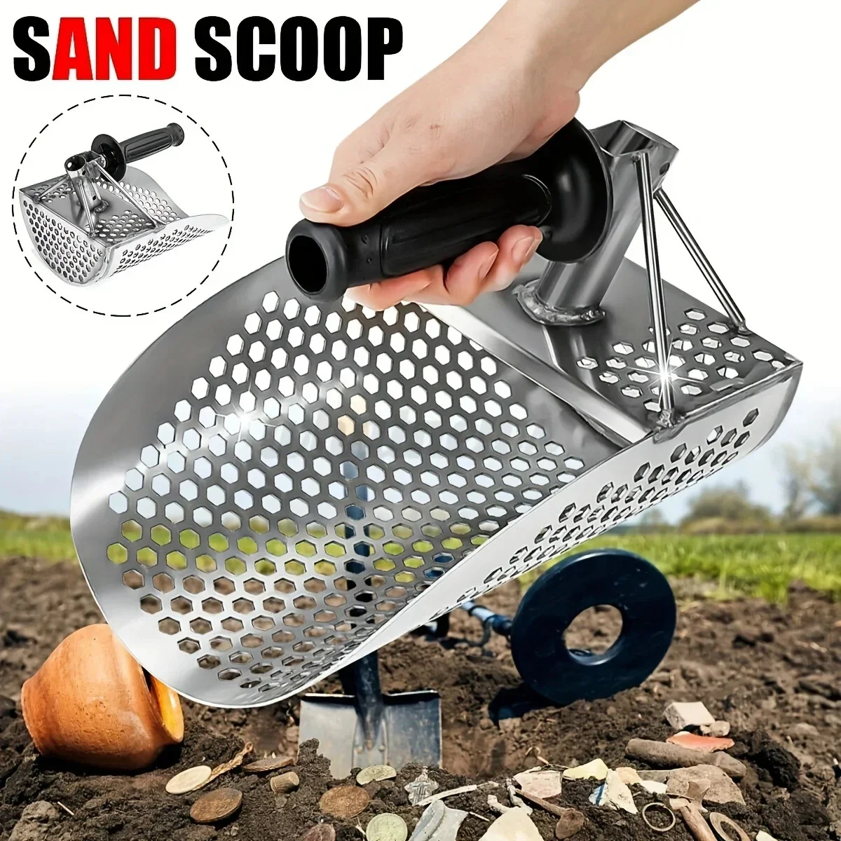 Beach Sand Scoop Shovel Metal Detector Sand Scoops Treasure Detecting Metal Detector Hunting Stainless Steel Tool