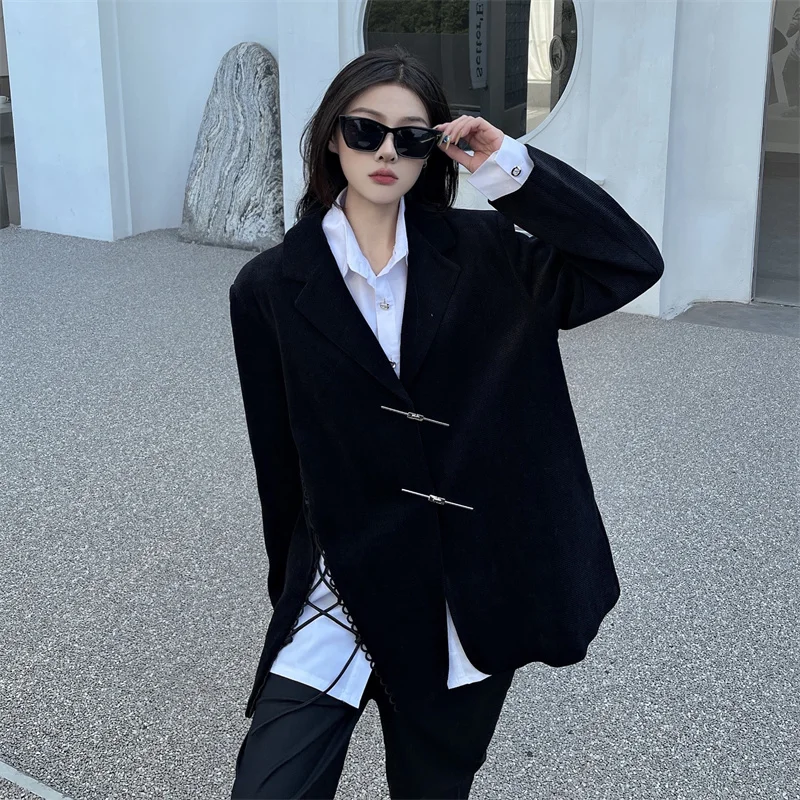 Black Suit Jacket For Women In Autumn Asymmetric Strap Design Split Cut Women Blazer Suit