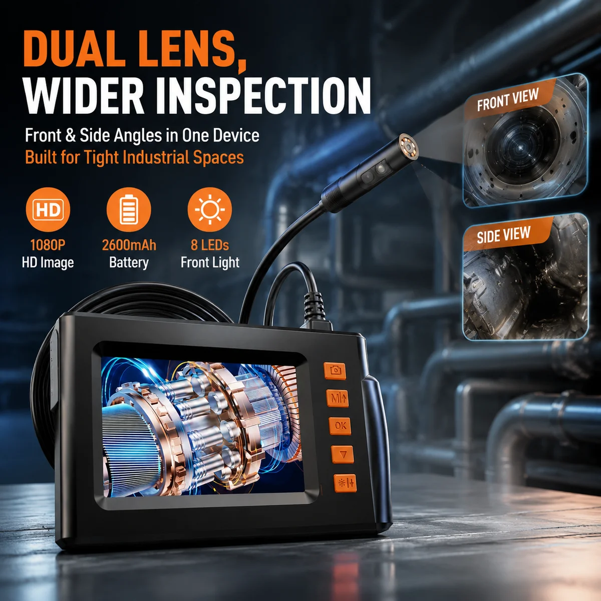 4.3‑Inch Industrial Endoscope Camera, 1080P HD Dual‑Lens Borescope with Adjustable LED Lights, Ideal for Auto Engine, Pipeline & Drain Inspection