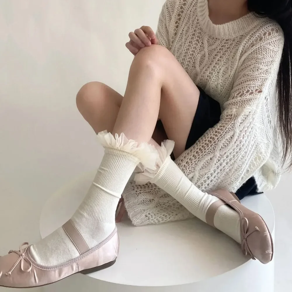 Lacework Kawaii Cute Princess Socks for Women Sweet Girl Ruffle Socks JK Lolita Japanese Style Long Sock Solid Color Milky White