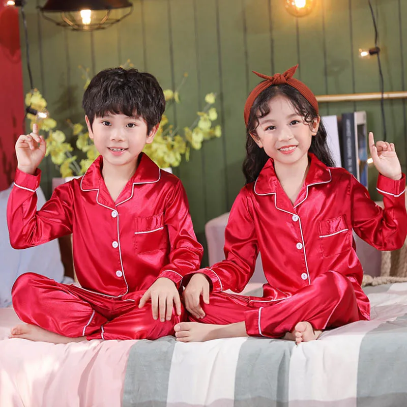 2024 Red Satin Silk Pajamas Sets for Boys Girls 2 to 3 4 5 6 7 8 9 10 11 12 13 14 Years Long Sleeve Kids Night Wear Suit Clothes